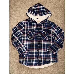 Boston Traders Sherpa Lined Plaid Flannel Hoodie Shirt Jacket Men's Medium Blue